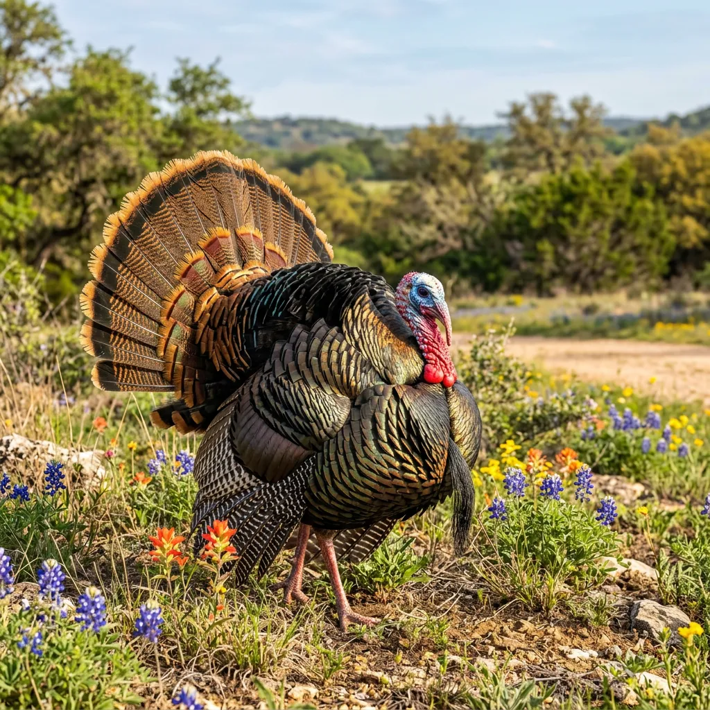 Wild turkey gobbler displaying in spring meadow